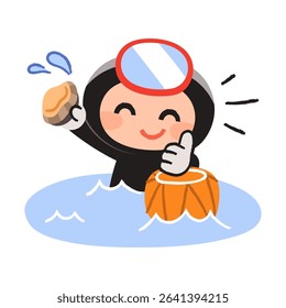 A character of a female diver from Jeju Island, South Korea. A cute female diver holding an abalone she caught in the sea and giving a thumbs up.