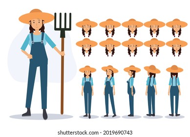 Character of a Female Farmer in various views,Flat vector 2D Cartoon character illustration.