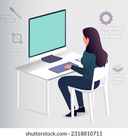 Character of Female Graphic Designer Working On Computer At Workplace And Technology Background.