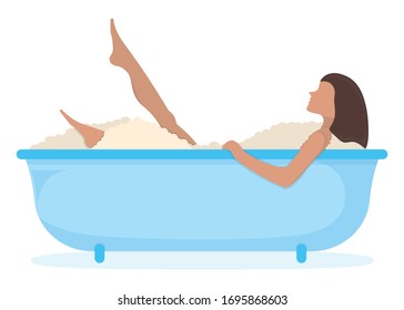 Character female lie in bathroom, washroom foam, relaxing in bath isolated on white, flat vector illustration. Stay at home, spending time at household, concept people person house rest.