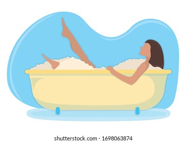 Character female lie in bathroom, washroom foam, relaxing in bath isolated on white, flat vector illustration. Stay at home, spending time at household, concept people person house rest.