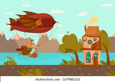 Character female on steampunk airship transport , balloon, flat vector illustration. Air technology design, gears, vintage web banner, template. Steampunk house, mountain, lake landscape.