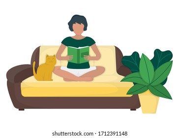 Character female sitting couch and read book with green leaf pot and cat, woman rest isolated on blue, flat vector illustration. Cozy modern interior sofa.