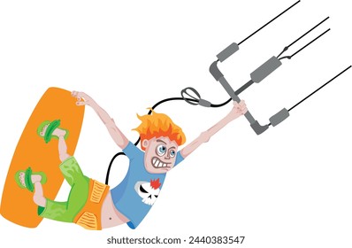 character with fiery hair practicing kitesurfing