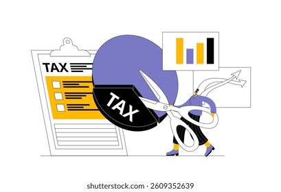 Character filling in a tax form. Vector illustration on the topic of taxes and personal finance. Modern vector illustration in a linear style.