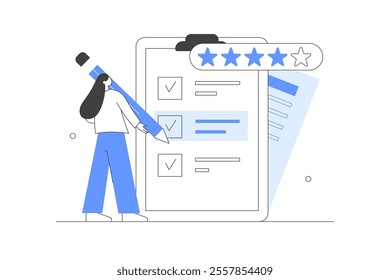 Character Filling Test Online in Customer Survey Form. Woman putting Check Mark on Checklist. Customer Experiences and Satisfaction Concept. Flat Cartoon Vector Illustration, icon. Stylish abstract