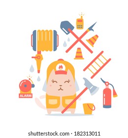 Character firefighter in coveralls and helmet colorful flat composition of professional accessories. Cat female stands smiling and holding a  fire ax