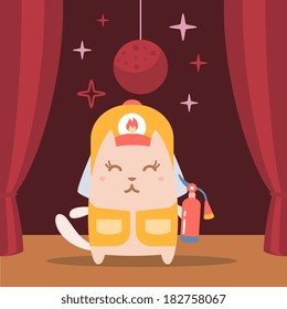 Character firefighter in coveralls and helmet colorful flat. Cat female performs on stage holding a fire extinguisher