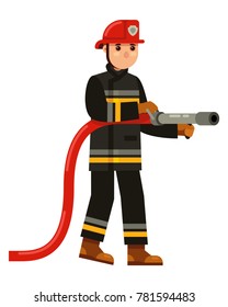 character fireman holding a water hose in flat style vector illustration