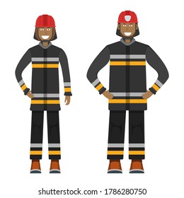 Character fireman standing isolated on white, flat vector illustration. Human male and female important firefighter professional activity, smiling people profession, social occupation.