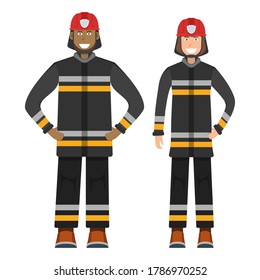 Character fireman standing isolated on white, flat vector illustration. Human male and female important firefighter professional activity, smiling people profession, social occupation.