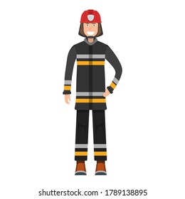 Character fireman standing isolated on white, flat vector illustration. Human female important firefighter professional activity, smiling people profession, social occupation.