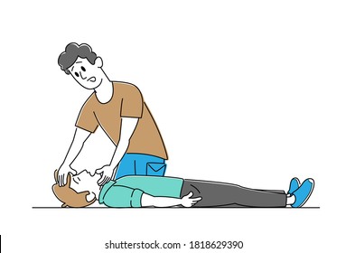 Character First Aid Help to Victim Lying on Floor. Man Lift Chin to Diseased Patient for Check Breathing. Nursing Training, Medical Cardiopulmonary Resuscitation. Linear People Vector Illustration