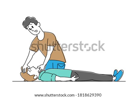 Character First Aid Help to Victim Lying on Floor. Man Lift Chin to Diseased Patient for Check Breathing. Nursing Training, Medical Cardiopulmonary Resuscitation. Linear People Vector Illustration