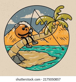 Character fishing sit on coconut tree