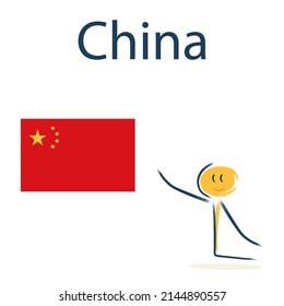 Carácter con la bandera de China. La enseñanza de la geografía infantil y los países del mundo
