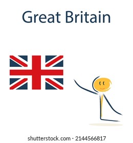 Character with the flag of Great Britain. Teaching children geography and countries of the world
