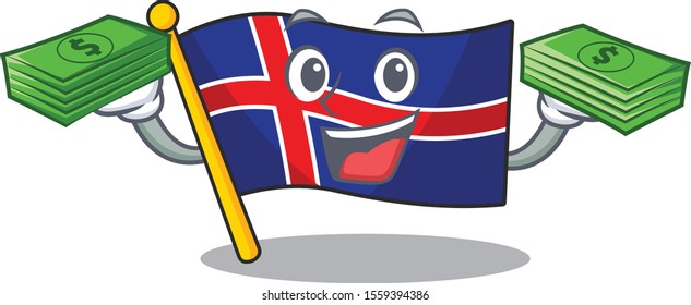 Character flag iceland with holding money happy