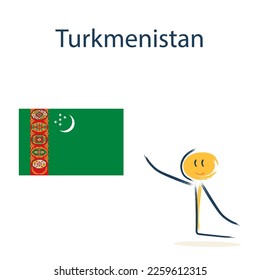 Character with the flag of Turkmenistan. Teaching children geography and countries of the world