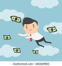 Character flat design. Businessman flying on blue sky with clouds. Money floating in the air. Business and people concept. Vector illustration.
