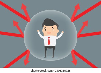 Character flat design. Businessman standing and protected by barrier, stay hardy from arrow debt that attack him. Business and people concept.
