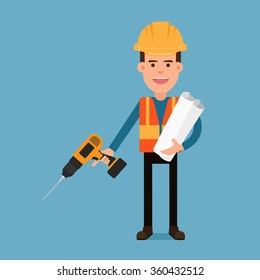 Character flat design. Construction worker holding a drill and blueprint papers. Cartoon Vector Illustration.
