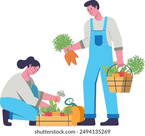 Character flat design couple farmers harvesting crops. Happy cartoon man and woman farmers. Concept of successful farming. Cartoon design vector illustration