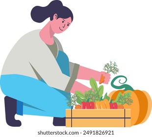 Character flat design female farmer harvesting crops. Happy cartoon woman farmer. Concept of successful farming. Cartoon design vector illustration