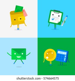 Character flat design of purse, calculator, envelope, application, letter and coin. Funny friendship circle and square characters. Financial icon pack