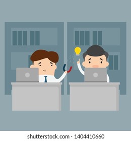 Character flat design. Stealing business bright ideas.Businessman working with laptop at office. Business and people concept.