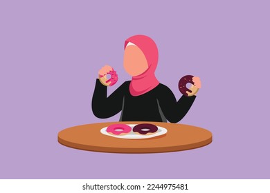 Character flat draw pretty Arab little girl eating sweet donut with glaze sugar cream. Hungry child enjoy yummy dessert. Preschooler kid having doughnut cake meal. Cartoon design vector illustration