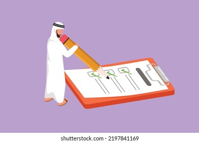 Character flat drawing active Arabian businessman filled out questionnaire on the floor. Man standing near big checklist. Male with pencil writes test on clipboard. Cartoon design vector illustration