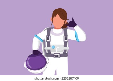 Character flat drawing active female astronaut holding helmet and call me gesture wearing spacesuit ready to explore outer space in search mysteries universe  Cartoon design vector illustration