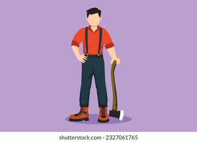 Character flat drawing active lumberjack man with axe standing wearing suspender shirt, jeans and boots. Strong lumberjack pose on the logging forest logo, symbol. Cartoon design vector illustration