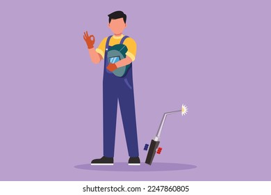 Charaktere flache Zeichnung aktive männliche Schweißung stehen mit okay Geste und halten Gesichtsschild bereit für die Arbeit in seiner Eisen-Werkstatt. Produktionsarbeiter mit Metallverarbeitung. Cartoon-Design, Vektorgrafik