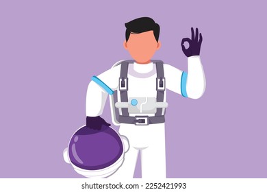 Character flat drawing active male astronaut holding helmet with okay gesture wearing spacesuit and ready to explore outer space in search of mysteries of universe. Cartoon design vector illustration