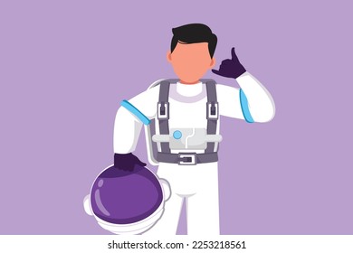 Character flat drawing active male astronaut holding helmet with call me gesture wearing spacesuit and ready to explore outer space in search mysteries of universe. Cartoon design vector illustration