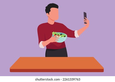 Character flat drawing active male taking selfie or making video call using smartphone while platting fresh salad. Young man cooking healthy food or nutrition meal. Cartoon design vector illustration