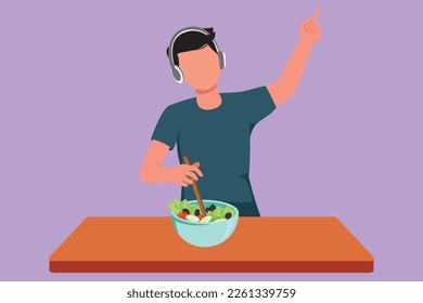 Character flat drawing active man platting fresh salad on bowl and listening music with headphone in kitchen. Cooking delicious meal at home. Prepare healthy food. Cartoon design vector illustration