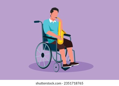 El hombre activo del dibujo plano de carácter sentado en silla de ruedas juega al saxofón. Espectáculo de música clásica. Físicamente discapacitada, pierna rota. Paciente del centro de rehabilitación. Ilustración vectorial de diseño de dibujos animados