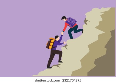 Character flat drawing active two men hiker helping each other on top of mountain. Teamwork hiking help each other trust assistance. Business goal metaphor concept. Cartoon design vector illustration