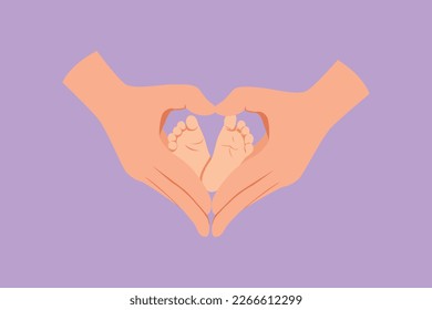 Character flat drawing adorable babies foot hold by father hand finger making love shape  Beautiful sleeping baby girl  Newborn baby girl  Happy family and newborn  Cartoon design vector illustration