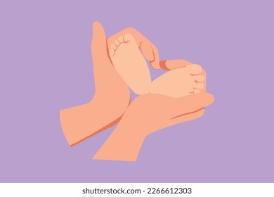 Character flat drawing adorable babies foot hold by mother hand finger making love shape. Beautiful sleeping baby girl. Newborn baby girl. Happy family with newborn. Cartoon design vector illustration