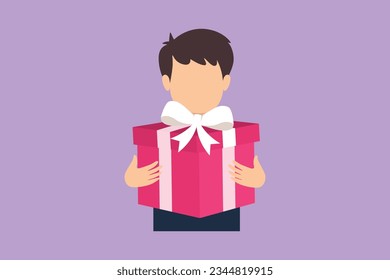 Character flat drawing adorable kid holding big ribbon bow wrapped gift box in front of his in arms. Happy little boy carries holiday gift box with bow in his hands. Cartoon design vector illustration