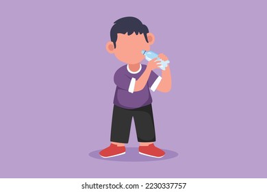 Character flat drawing adorable little boy standing while holding and enjoying bottle of fresh milk to fulfill his body nutrition. Child health and growth concept. Cartoon design vector illustration