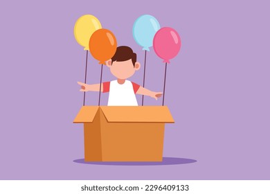 Character flat drawing adorable little boy sitting in cardboard box with balloons. Little pilot of hot air balloon. Creative kids character playing hot air balloon. Cartoon design vector illustration