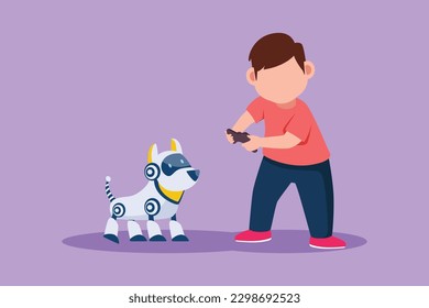 Character flat drawing adorable little boy playing with electronic toys dog robot with remote control in hands. Happy kids with remote control robot pet at school. Cartoon design vector illustration