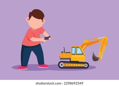 Character flat drawing adorable little boy playing with remote controlled excavator toys. Kids playing with electronic toys excavator with remote control in hands. Cartoon design vector illustration