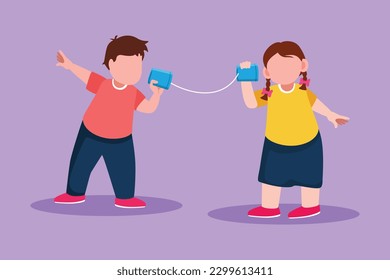 Character flat drawing adorable little boy and girl play toy phone. Two friends playing in phone with self made speech transmitting device, kids have fun speaking. Cartoon design vector illustration