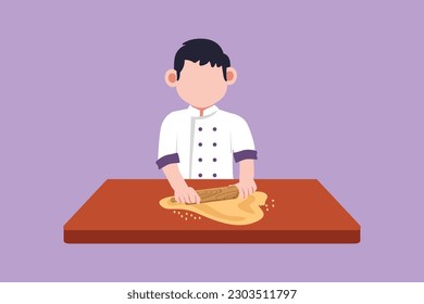 Character flat drawing adorable little boy stretching dough with rolling pin. Happy kids making homemade pizza at kitchen. Children doing housework chores at home. Cartoon design vector illustration